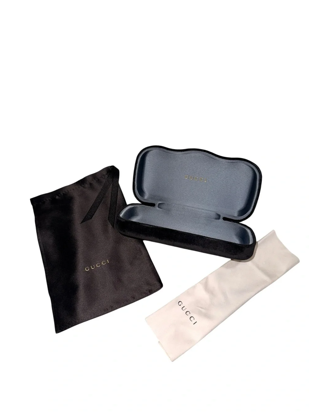 Gucci Black Velvet Eyewear Case with Gold Logo, Dust Pouch, Gucci Cleaning Cloth
